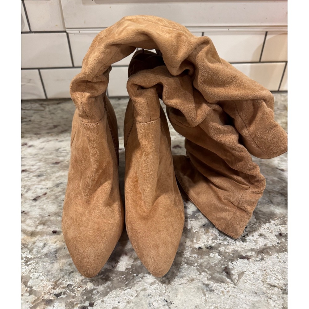 Carlos Tan Faux Suede Slouchy Knee High Boots Pointed Toe Block Heel Camel